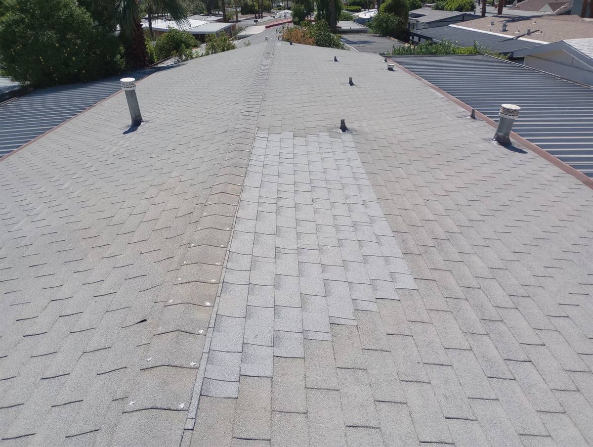 Finished asphalt shingle ridge after install on a Palm Springs home