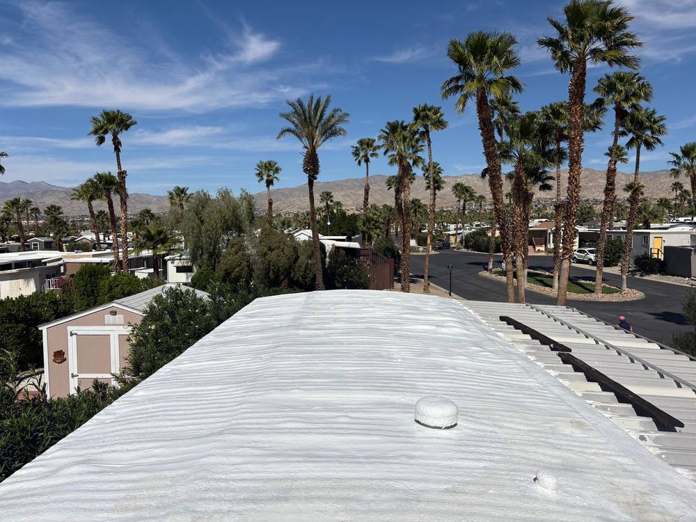 Bright white coating on a mobile home metal roof, palms and mountains behind